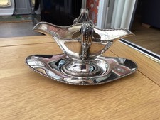 Vintage Silver plated double spouted gravy, sauce boat with stand & ARC Monogram