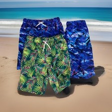 Lot Of 3 Lands End Boys Beach Swim Trunks 2 Blue Shark  1 Green Hawaiian Lg EUC