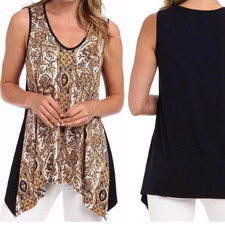 Karen Kane Sheer Mesh Tunic Top M Sharkbit Hem Contrast Earthy Print Brown Black