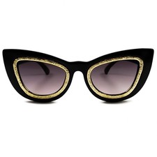 Womens Bold Glamorous Black Cat Eye Sunglasses Gold Detail Around