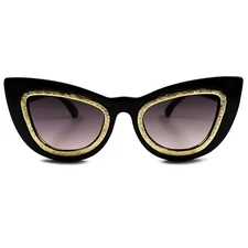 Womens Bold Glamorous Black Cat Eye Sunglasses Gold Detail Around