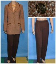 St. John Collection Knits Brown Gold Jacket Pants L 10 12 2pc Suit Buttons