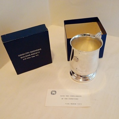 Coventry Economic Bldg Soc EPNS Tankard with Box 1973 Coventry Silvercraft Co.
