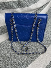 Tori Burch Hand Bag Chain Shoulder Flip Top Blue Gold Hardware