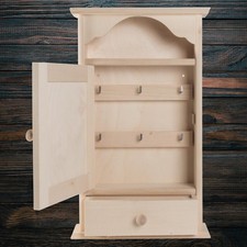 Hanging Wooden Key Cabinet with  6 Hooks & Drawer / Plain Unpainted Rack Box
