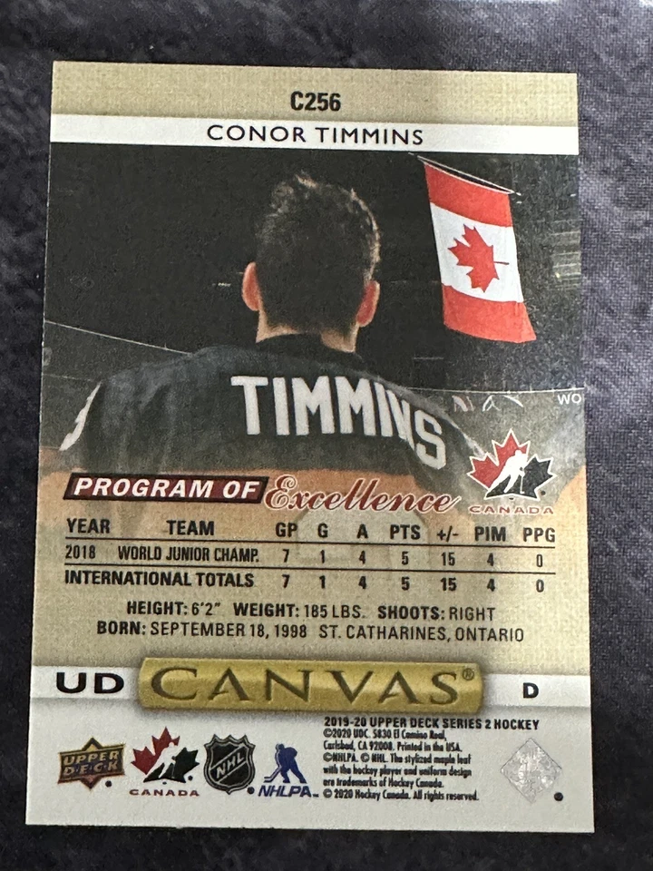 2019-20 Upper Deck Young Guns Canvas C256 Conor Timmins Program of Excellence - Image 2 of 2