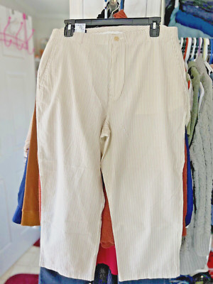 C01-Landsend WOMENS tan white striped seersucker Capris 14 NEW.   31