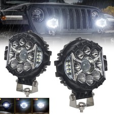 Pair 7 Round Led Pods Driving Light Bar Drl Work Light Flood Spot Suv Offroad