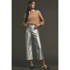 New Anthropologie The Colette Cropped Wide Leg Pants Faux Leather Silver Sz 32