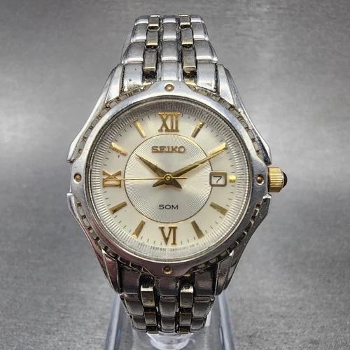 Seiko Watch Women 28mm White Dial Two Tone Date Round 7N82-0GE0 New Battery