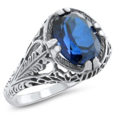 DECO ANTIQUE STYLE 925 STERLING SILVER LAB-CREATED SAPPHIRE FILIGREE RING 806z