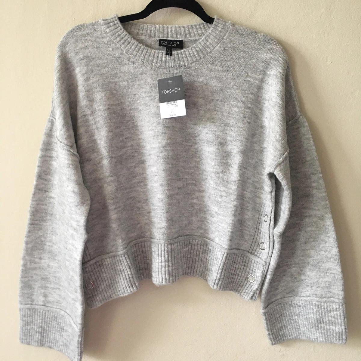 NEW Topshop Sweater Women s 8 Medium Gray Grey Oversized Stretch Soft Crewneck