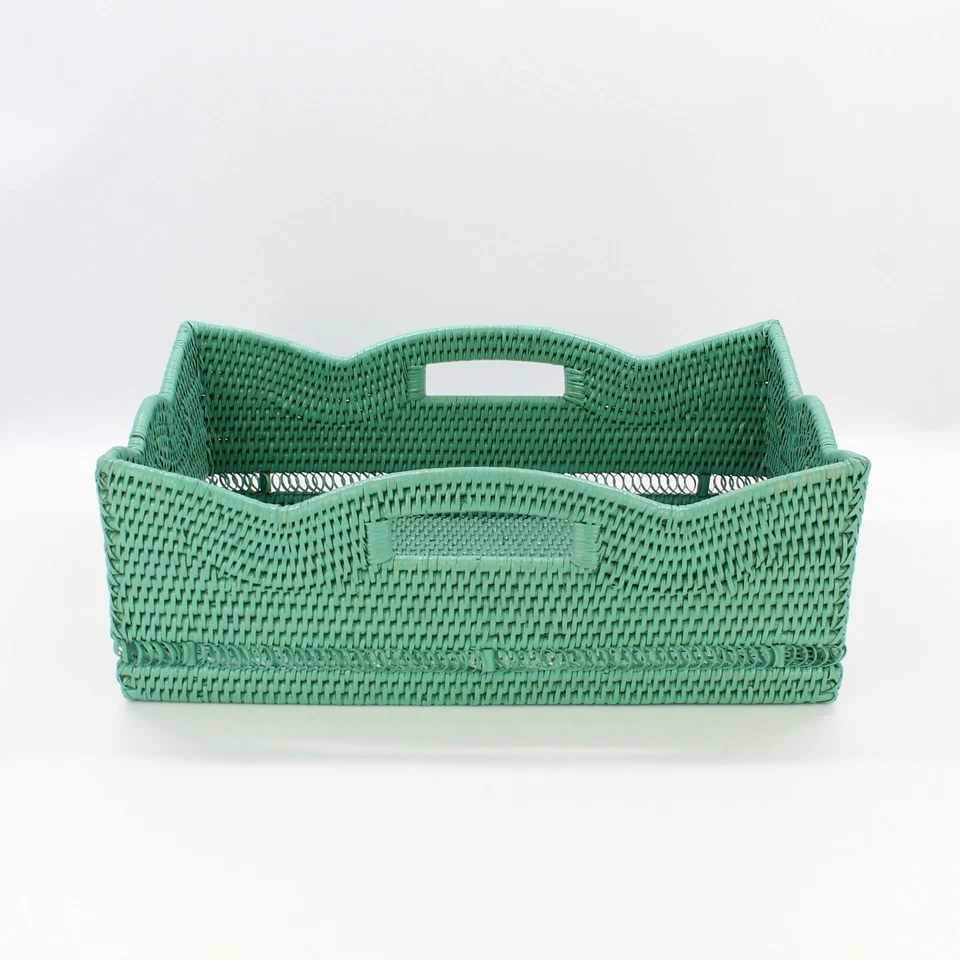 Tight Woven Scalloped Rattan Tray with Handles, Luxury Home Decor, Turquoise - Image 4 of 4