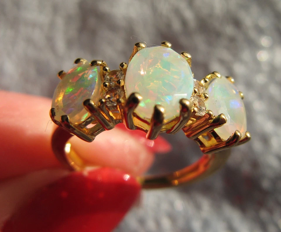 Welo Opal & Cambodian Zircon trilogy ring, gold overlay on silver. Size M  BNWT - Image 2 of 4