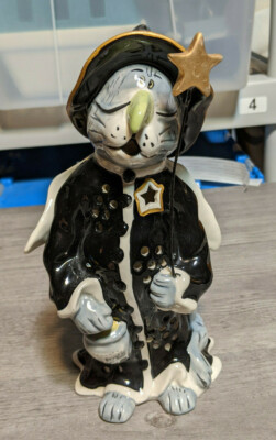 Blue Sky Clayworks Halloween Gray Cat Witch Costume Charlie Tealight Holder 9''