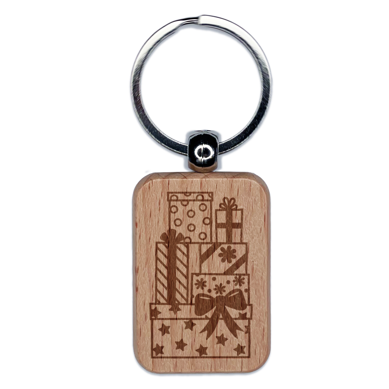 Christmas Birthday Wood Keychain with Stack of Presents Engraving  