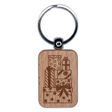 Stack of Presents Christmas Birthday Engraved Wood Rectangle Keychain Tag Charm