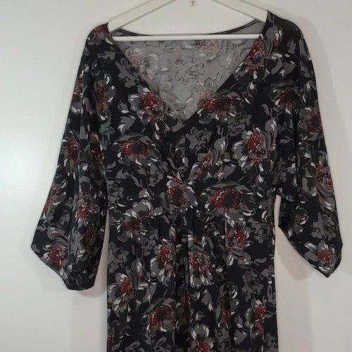 Garnet Hill Gray Grey Red Large Floral Dress V Neck Small Swingy Babydoll S - Picture 7 of 11