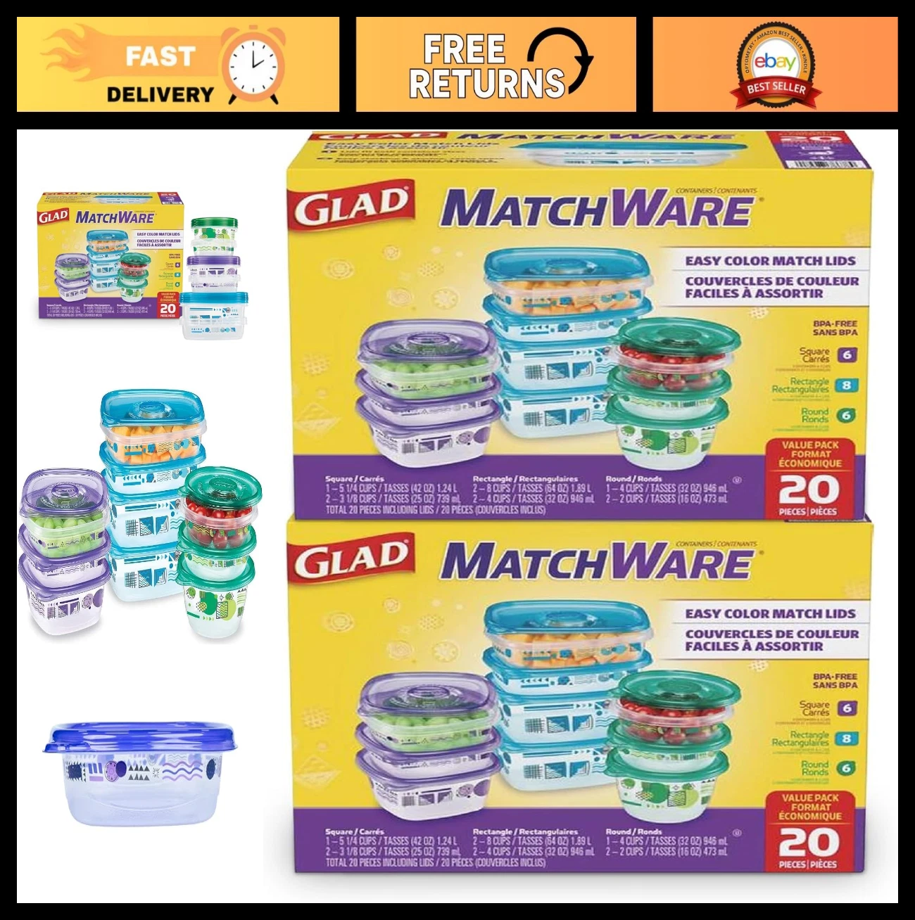 20-Piece BPA-Free Food Storage Containers Set, Leak-Resistant, Microwave & Dishw