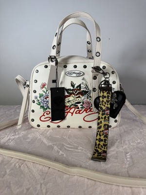 Ed Hardy White Studded Love Eternal Bag Y2K 2000s Faux Leather Shoulder Purse