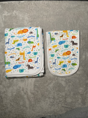 RN 115643 Safari Animals Baby Blanket & Burp Rag Thrive Grow Dream Zoo Lovey 2PC