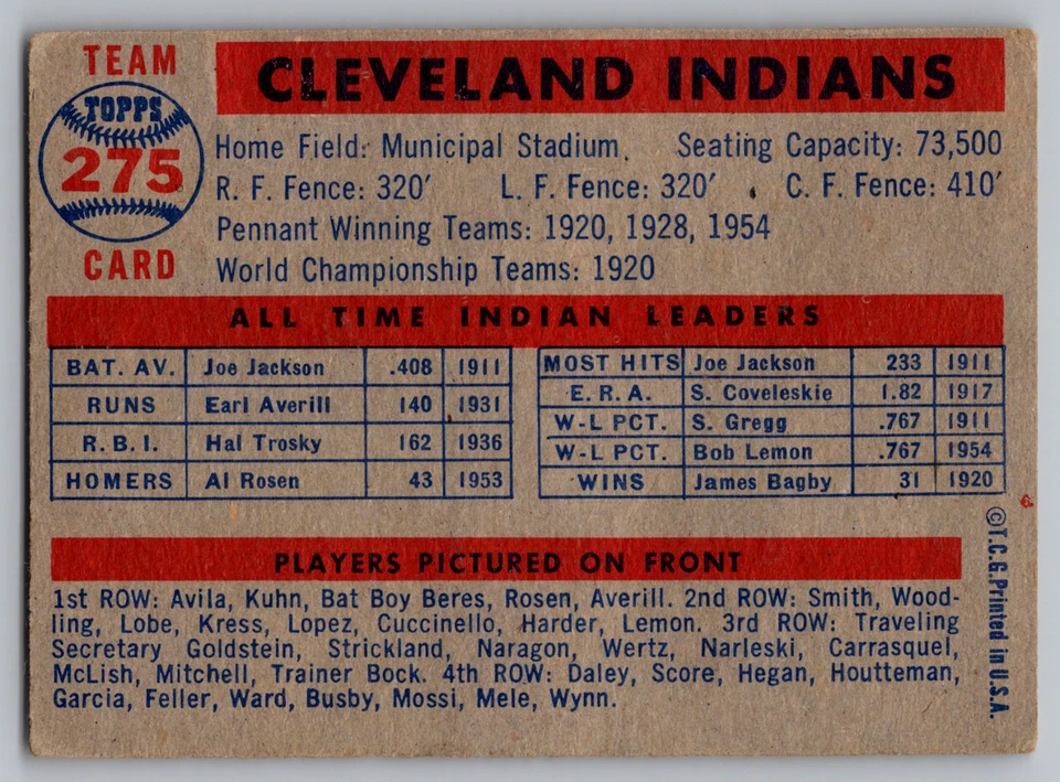 Tarjeta del equipo 1957 Topps #275 Cleveland Indians con Bob Lemon/Bob Feller/Early Wynn Foto 2 de 3