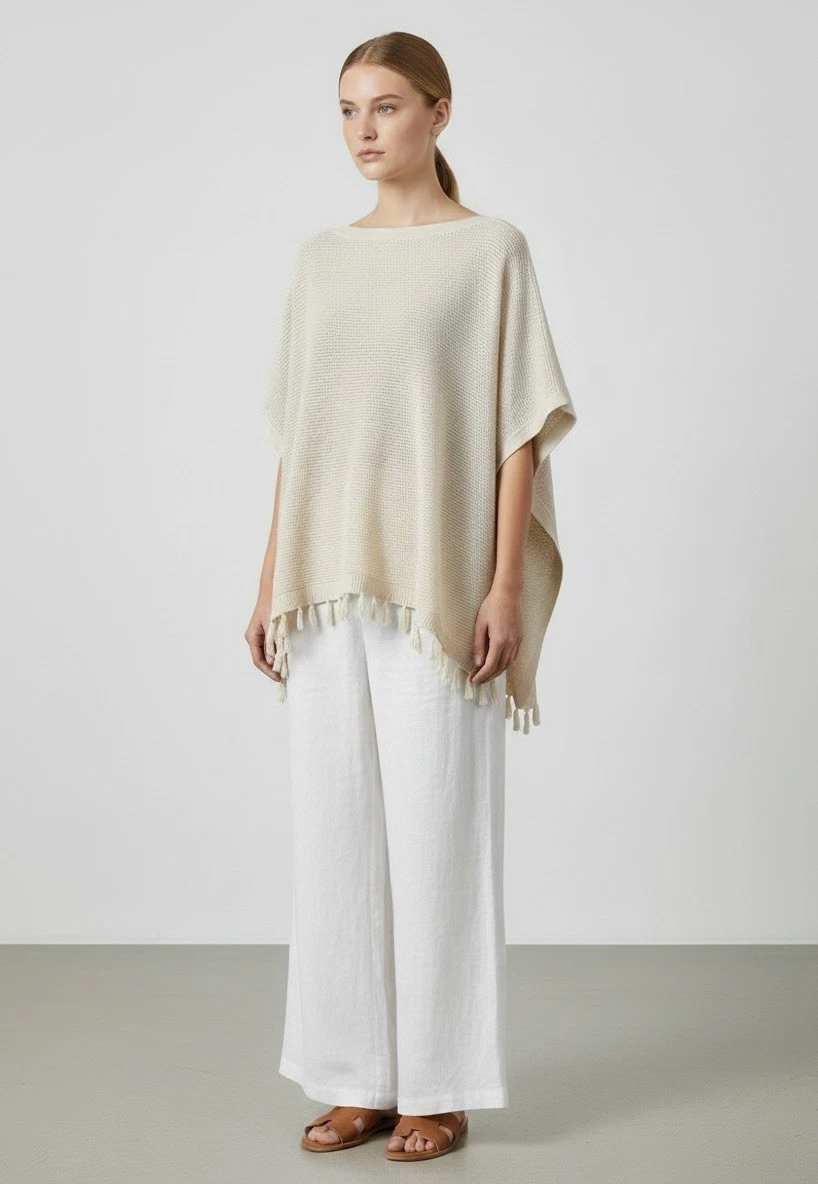 J McLaughlin Women Open Knit COTTON Poncho Cream/Ivory Tassels Hem Open Sides