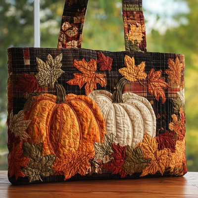 Personalized Fall Autumn Pumpkins Harvest Season Maple Quilted Tote Bag Gift