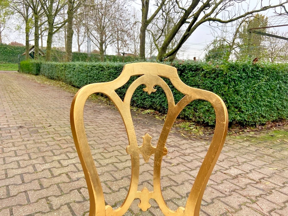 Chairs Pair Louis XVI French Style – Gilded Frames & Damask Upholstery Set - Image 3 of 4