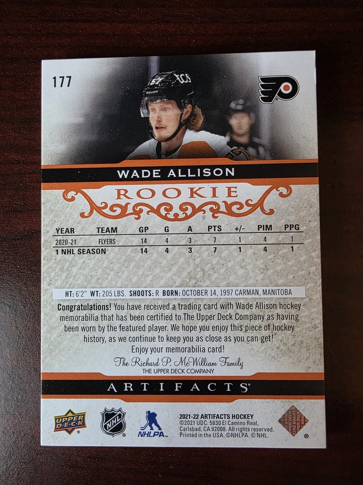 2021-22 Upper Deck Artifacts #177 Wade Allison Material Orange #/15 - Image 2 of 2