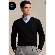 Polo Ralph Lauren V Neck Sweater Black Pima Cotton Pony Logo Mens Size Large
