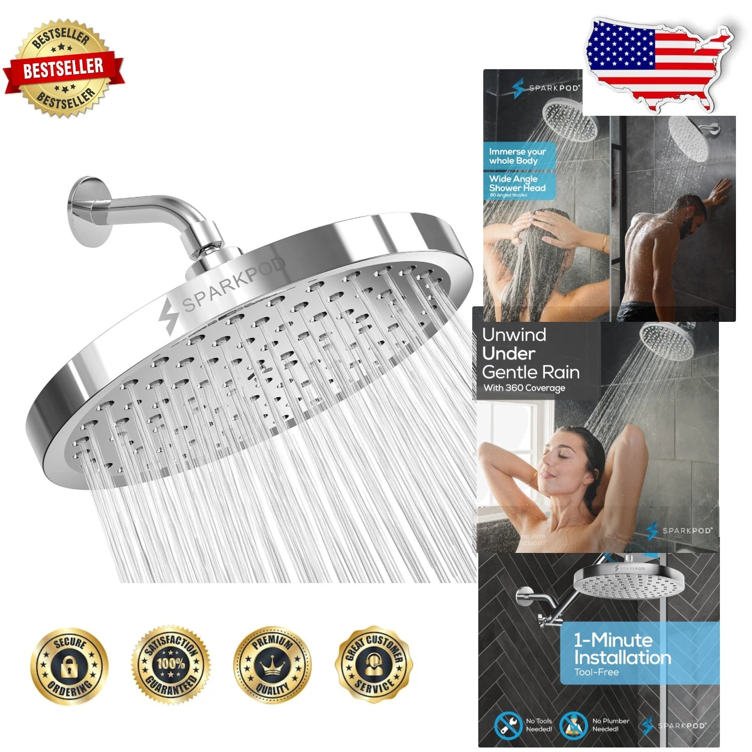 8" Round Shower Head - Luxury Polished Chrome, High Pressure Rain, Easy Clean