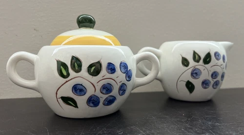 Vtg STANGL Blueberry Creamer Sugar Bowl Double Handles w Lid Pottery EUC NJ