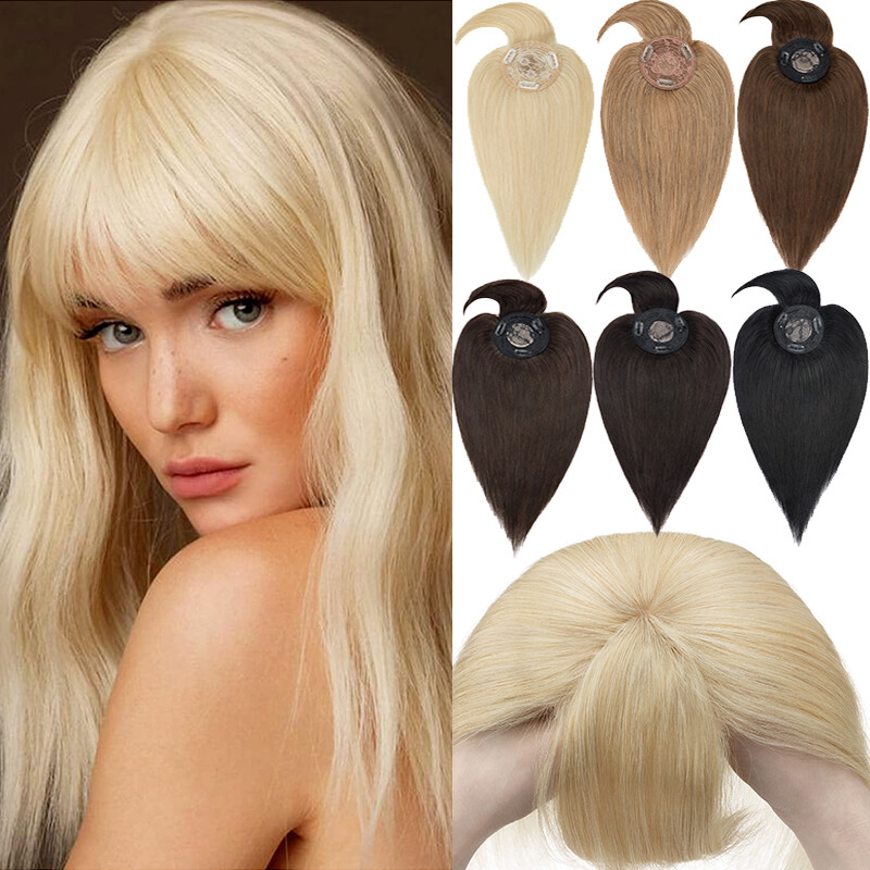 Human Hair Topper with Bangs, Mono Base, Clip-In for Thinning Hair SEGO Hair Toppers for Thinning Hair Bangs Clip in Real Human  main image 4