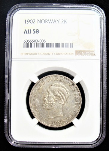 Norway: Oscar II 2 Kroner 1902 AU58 NGC - Picture 3 of 4