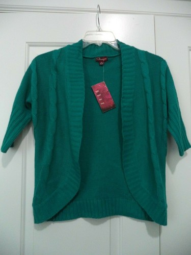 Neu mit Etikett Shampoo offene Strickjacke, grüner Pullover mit Zopfmuster, 3/4-Ärmel, Mädchen M 10-12
