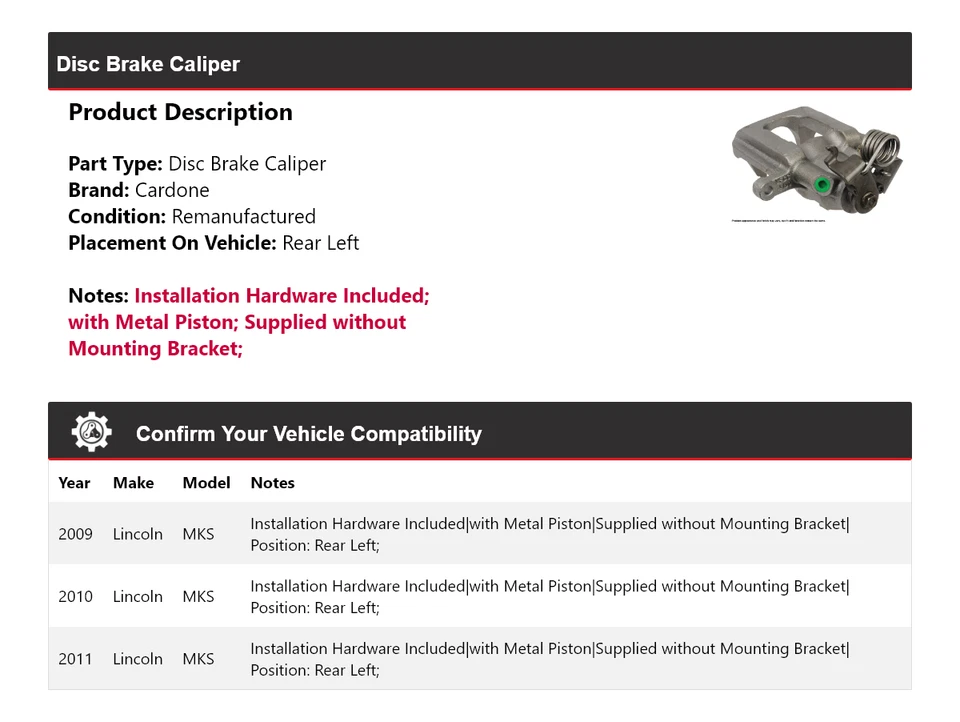 Pinça de freio a disco traseira esquerda Cardone 2010 Lincoln MKS para 2009-2011 - Imagem 2 de 4