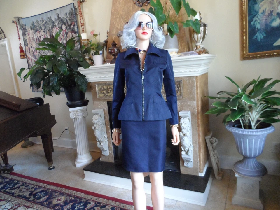 Traje Falda Yves St. Laurent Azul Marino con Cremallera Frontal Joya Talla FR 36 - US 4 Foto 2 de 4