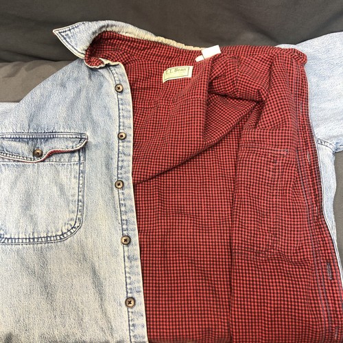 LL Bean Blue Denim Flannel Lined Shirt Mens M Reg Button Up Shacket Farm Barn - Picture 15 of 22