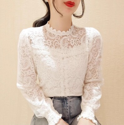 Lady Lace Mesh Shirt Floral Hollow Blouse Long Sleeve Crew