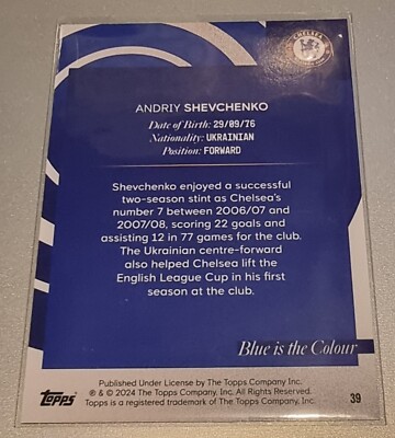 Carte Chelsea FC Topps 2024 – Andriy Shevchenko #39, Chrome Refractor