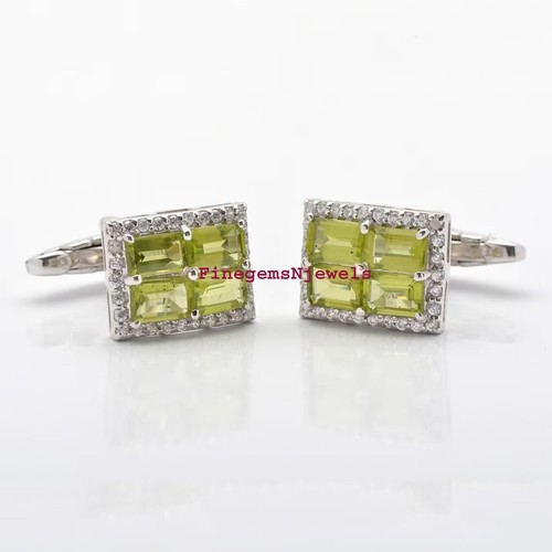 Natural Peridot & CZ Gemstones with 925 Sterling Silver Cufflinks For Men's #509 - Picture 6 of 6