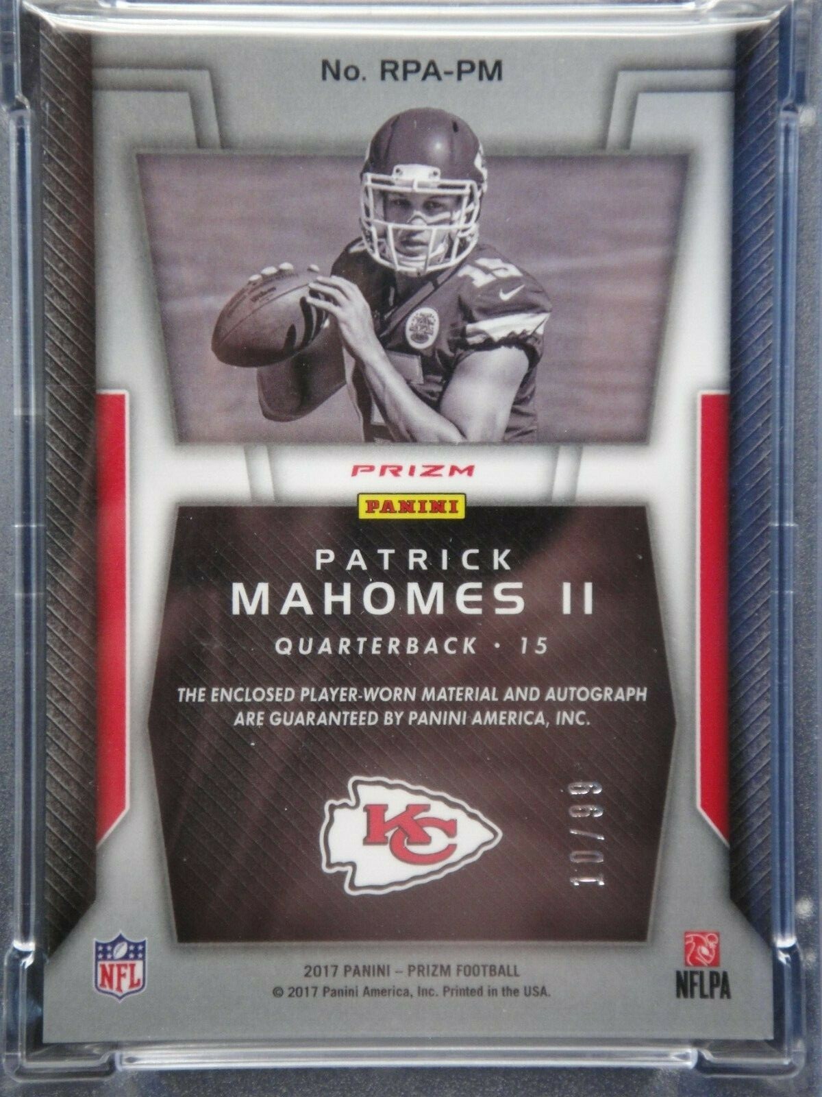 PATRICK MAHOMES 2017 PANINI PRIZM PSA 9 ROOKIE PATCH AUTO 10/99 MINT RPA view 4