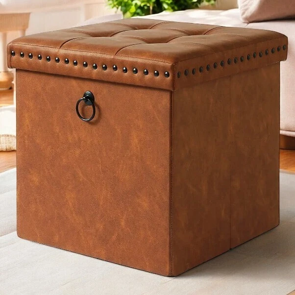 Natural Faux Leather Storage Box With Lid Rustic Ottoman Organiser Home Decor - Image 3 of 3