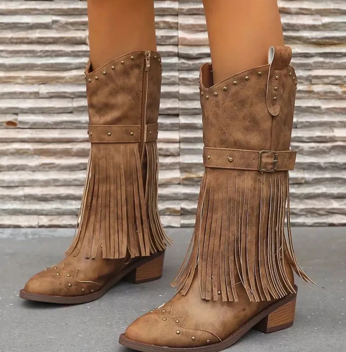 【COLOR iN ID】Tassel studded boots Womens Western Tassel & Studded Decor Side Zipper Chunky