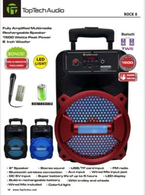 8" Bluetooth 1500 Watts Professional FM Radio Karaoke Multimedia Speaker Rock-8