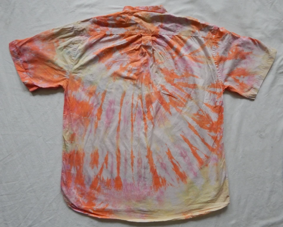 Tie Dye Pink Orange Short Sleeve Button Up Shirt - Large Mens Hand Made Spiral - Image 2 of 4