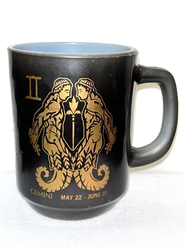 VINTAGE FIRE KING/ANCHOR HOCKING ZODIAC BLACK & GOLD MUG/ CUP GEMINI/THE TWINS