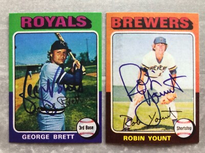 Lot of (2) GEORGE BRETT & ROBIN YOUNT Autographed Baseball REPRINT Topps Cards