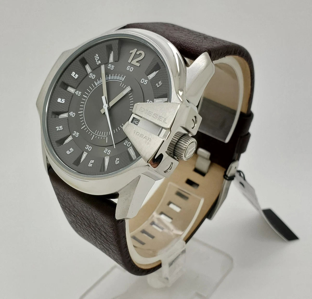 Diesel DZ1206 Master Chief Silver Tone Gray Dial Brown Leather Strap Mens  Watch 698615038220 | eBay